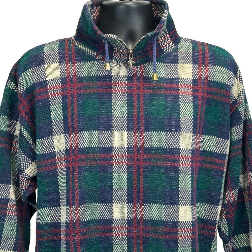 Vintage 90s Plaid Mock Neck Sweater Green Blue Fleur-de-lis Zipper Mens M Medium